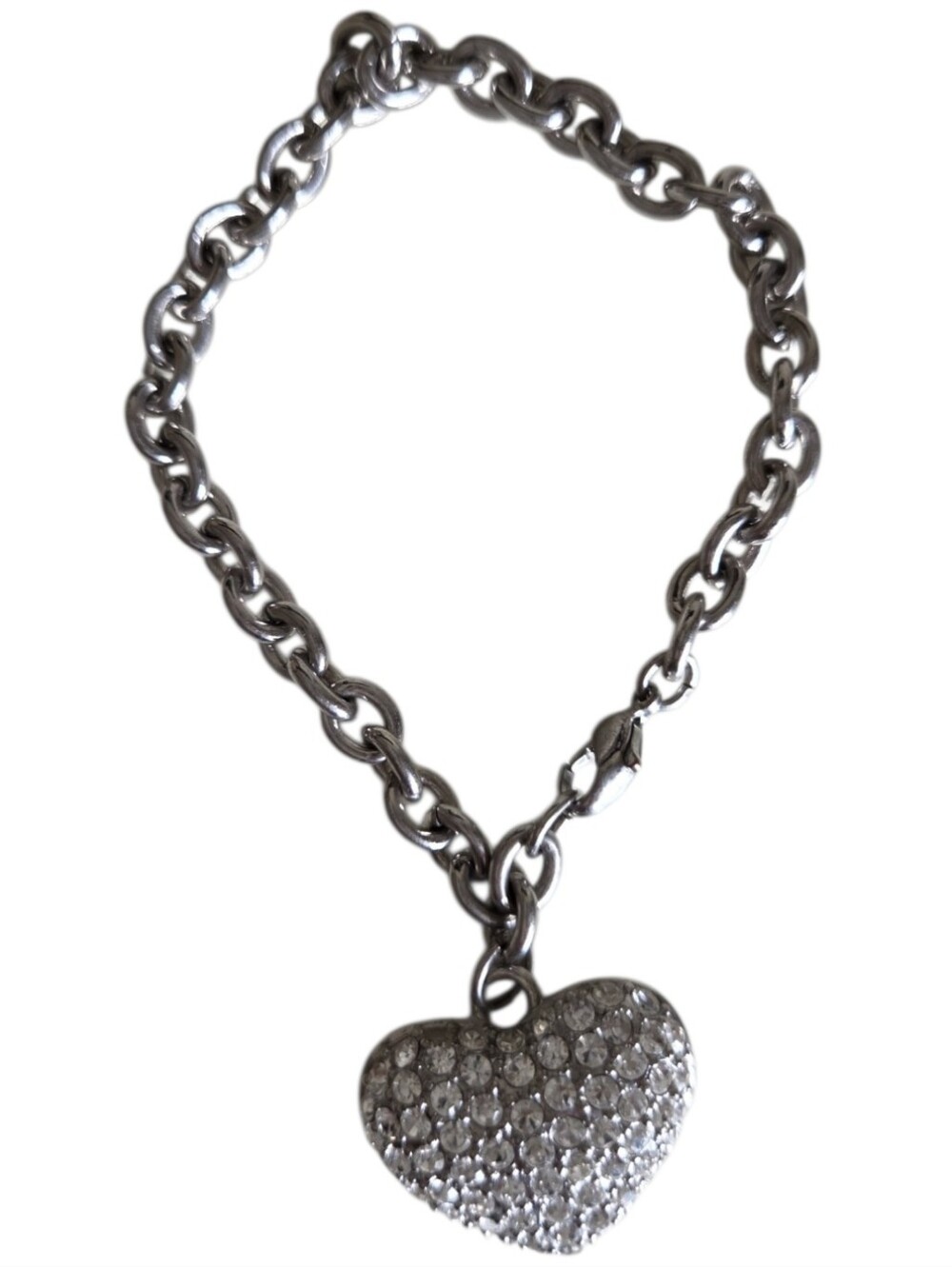 silver-tone chain bracelet with sparkling pave rhinestone heart
